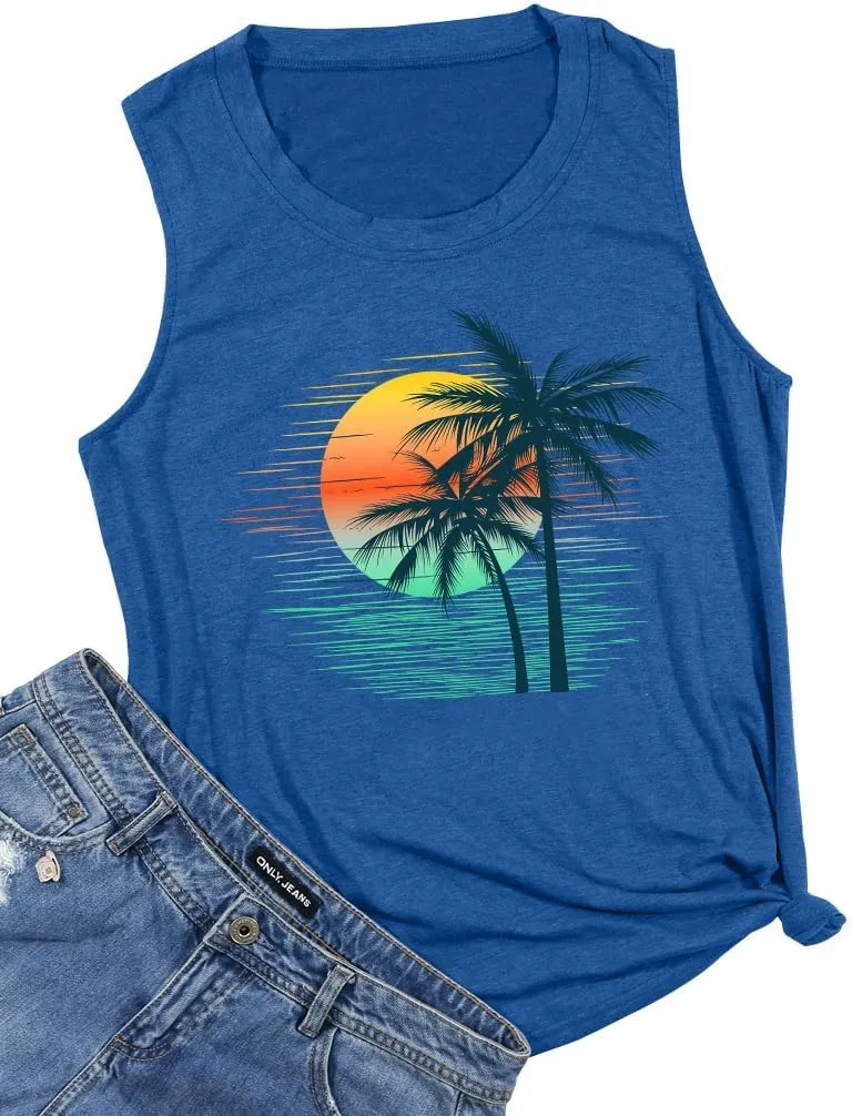 Bring On The Sunshine O-Neck Tank Tops Women Seaside Sunshine Graphic Printed Casual Loose Tops Summer Holiday Tanks