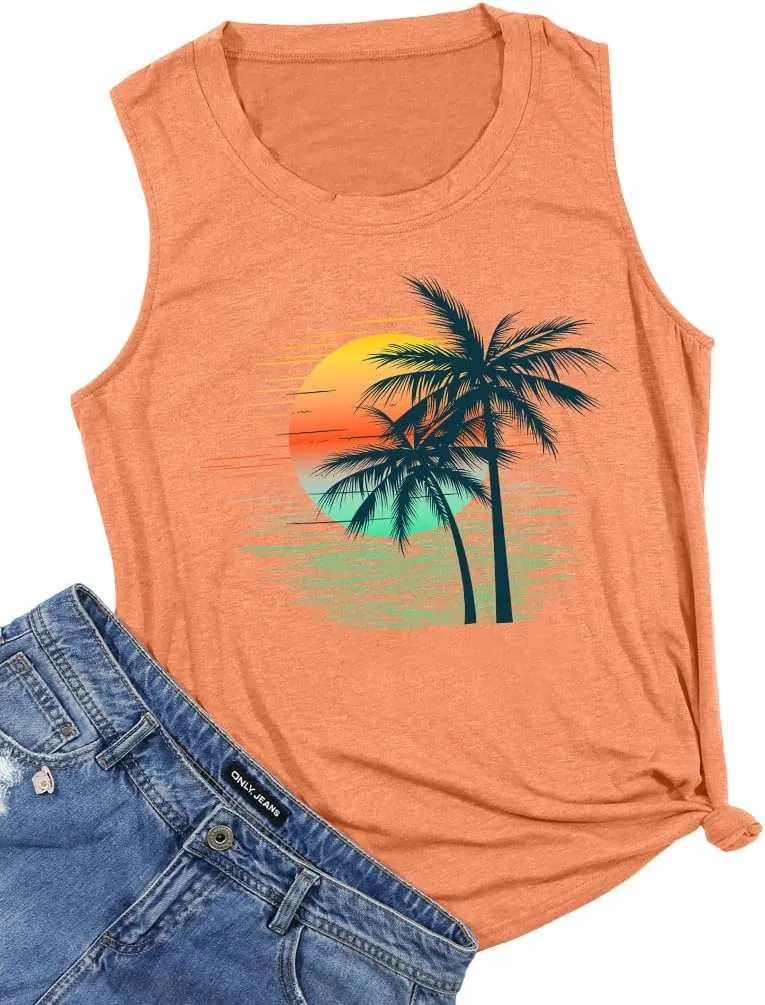 Bring On The Sunshine O-Neck Tank Tops Women Seaside Sunshine Graphic Printed Casual Loose Tops Summer Holiday Tanks