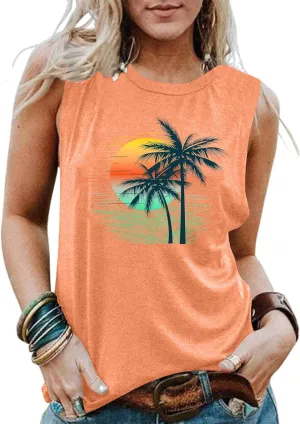 Bring On The Sunshine O-Neck Tank Tops Women Seaside Sunshine Graphic Printed Casual Loose Tops Summer Holiday Tanks