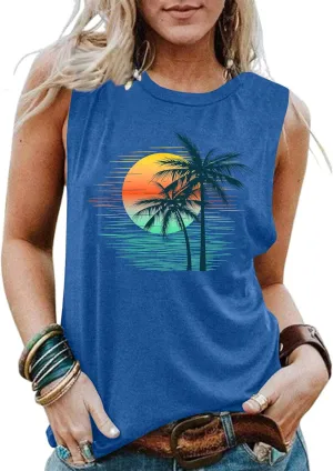Bring On The Sunshine O-Neck Tank Tops Women Seaside Sunshine Graphic Printed Casual Loose Tops Summer Holiday Tanks