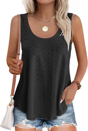 Buauty Women's Tank Tops Sleeveless Camisoles Eyelet Embroidery Shirts Summer Scoop Neck Flowy Loose Fit Dressy Casual Outfit Black