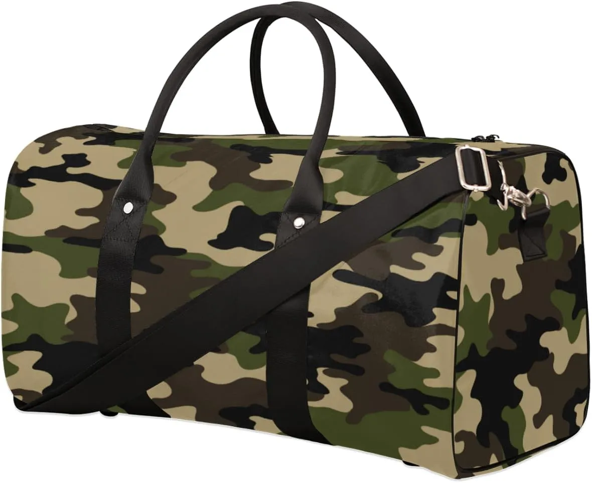 Camouflage Green Travel Duffel Bag for Women Men, Camo Print Sport Tote Gym Bag Foldable Weekender Overnight Bag Waterproof Carry On Luggage Bag