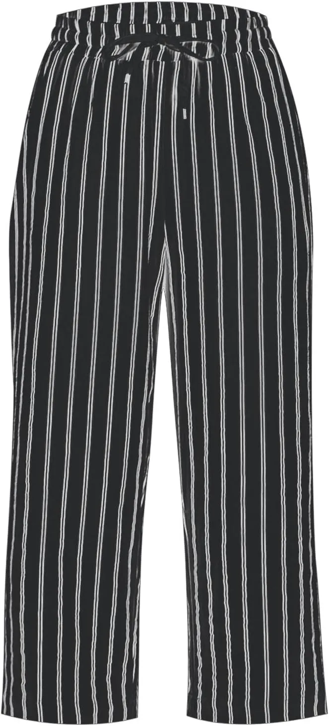 Capris for Women Fashion Casual Stripe Elastic Loose Pants Straight Wide Leg Trousers Womens Beach Vacation Outfits