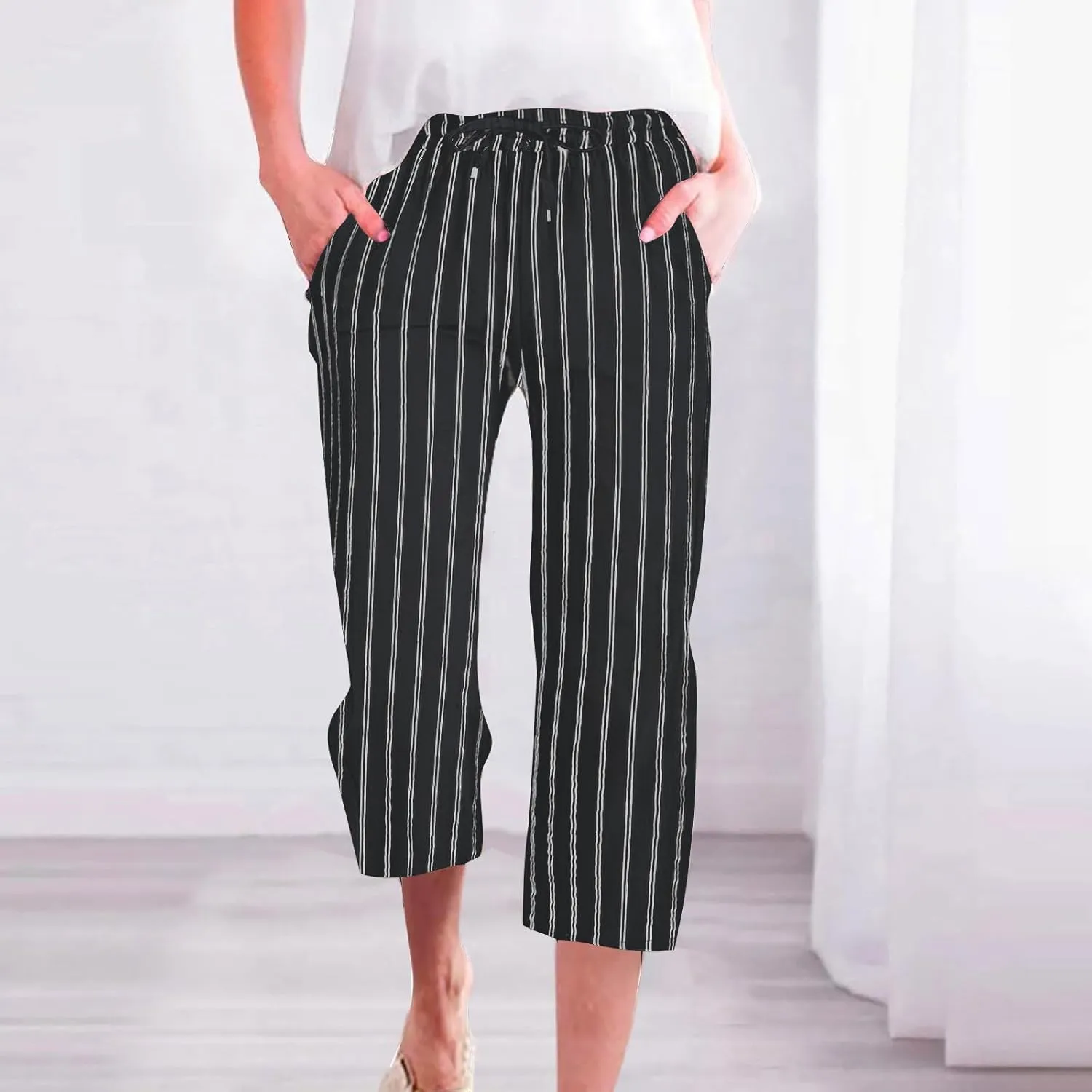 Capris for Women Fashion Casual Stripe Elastic Loose Pants Straight Wide Leg Trousers Womens Beach Vacation Outfits
