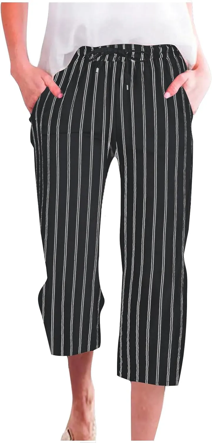 Capris for Women Fashion Casual Stripe Elastic Loose Pants Straight Wide Leg Trousers Womens Beach Vacation Outfits