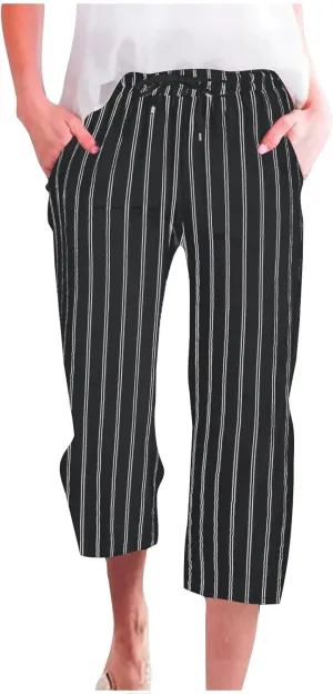 Capris for Women Fashion Casual Stripe Elastic Loose Pants Straight Wide Leg Trousers Womens Beach Vacation Outfits