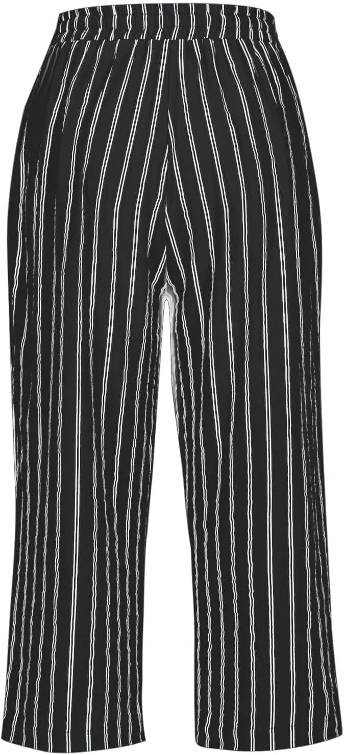 Capris for Women Fashion Casual Stripe Elastic Loose Pants Straight Wide Leg Trousers Womens Beach Vacation Outfits