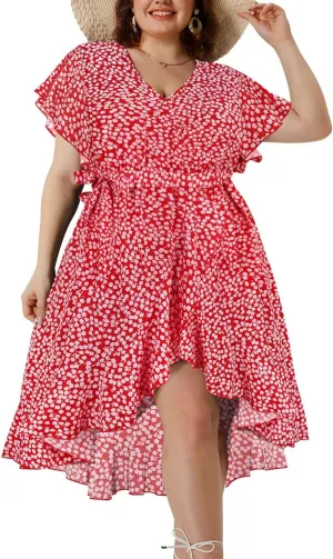 CARCOS Womens Plus Size Dress 3X Tiered Wrap Red Floral Elegant Short Sleeve Ruffle Hem Split Dress Bohemian V Neck Spring Summer A Line Dresses 2023 Mini Boho Dress 3XL 22W 24W
