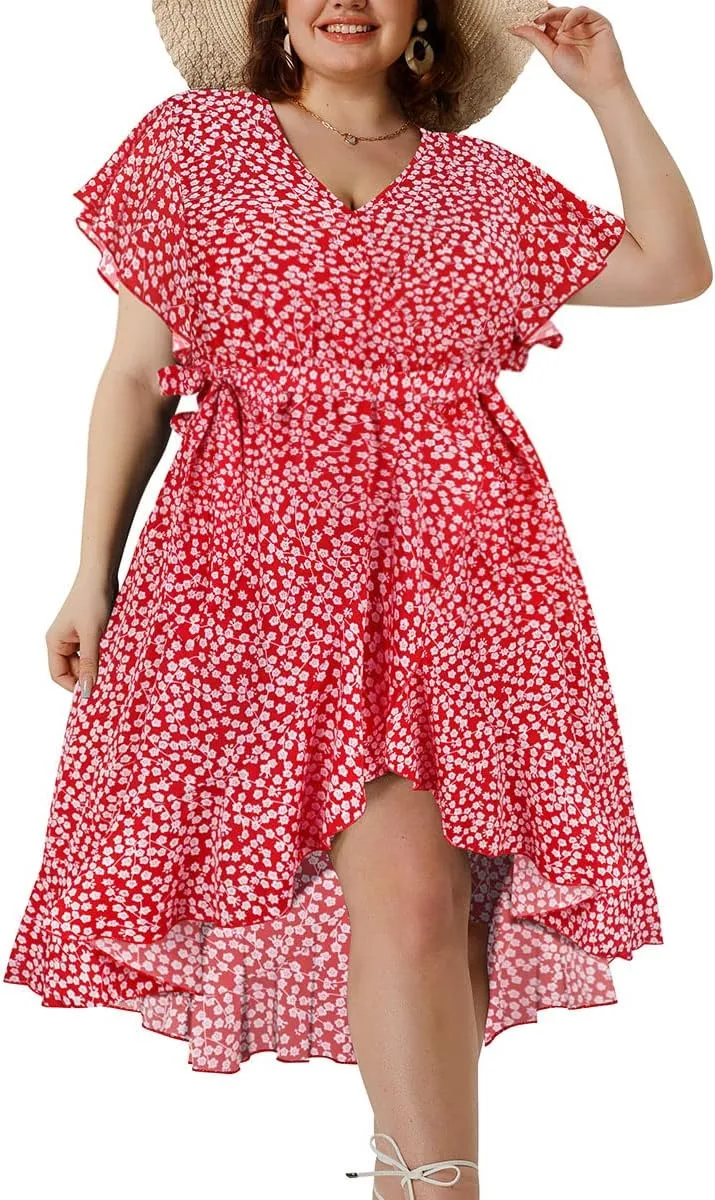 CARCOS Womens Plus Size Dress 3X Tiered Wrap Red Floral Elegant Short Sleeve Ruffle Hem Split Dress Bohemian V Neck Spring Summer A Line Dresses 2023 Mini Boho Dress 3XL 22W 24W
