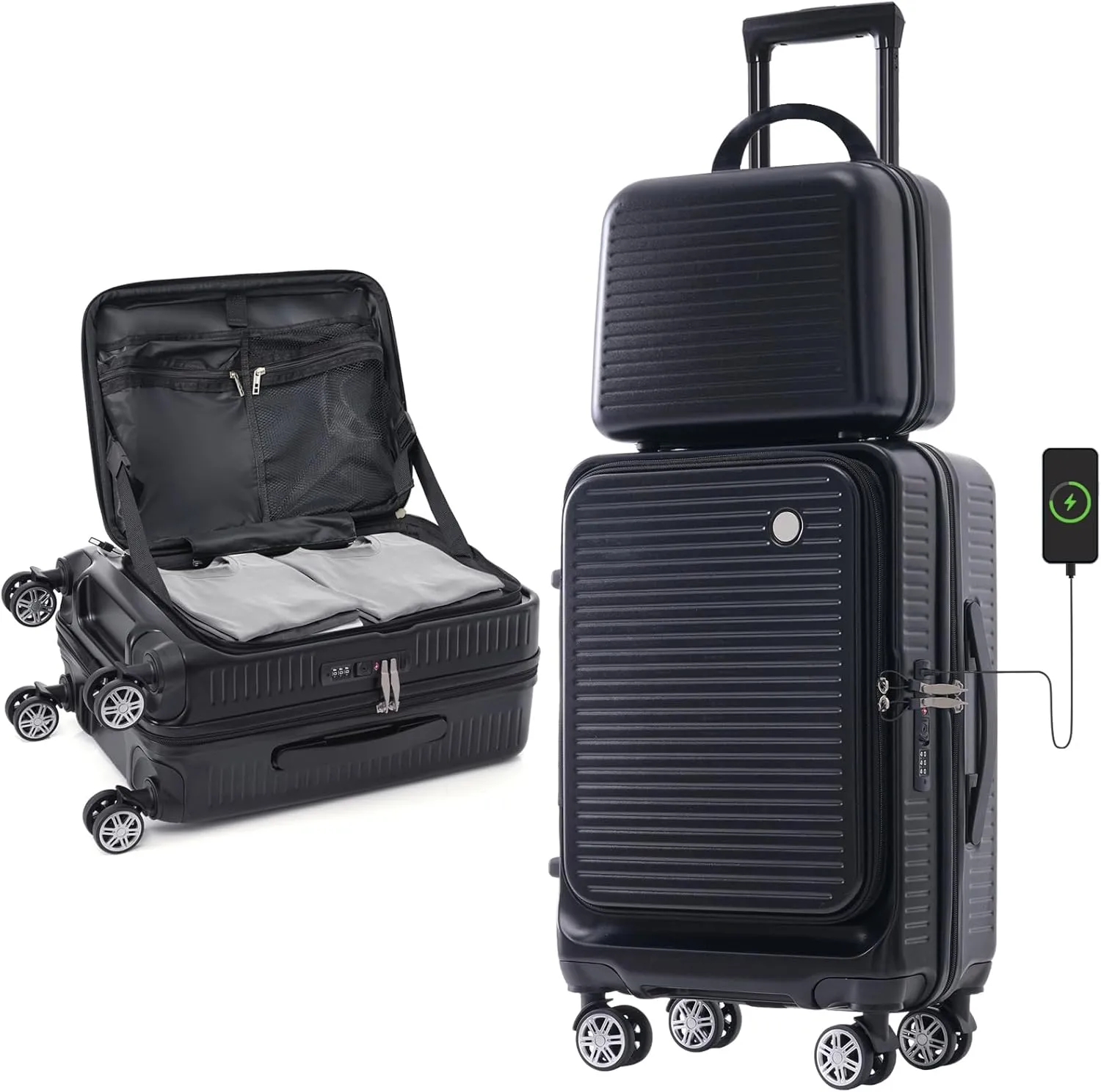 Carry-on Luggage, 20 Inch Front Open Suitcase, Lightweight with Front Pocket, USB Port,with 1 Portable Carrying Case (Black)