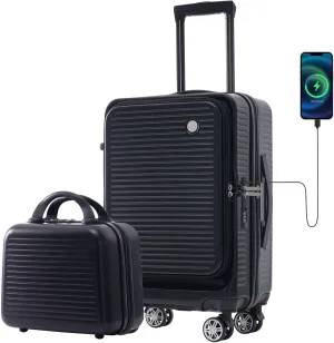 Carry-on Luggage, 20 Inch Front Open Suitcase, Lightweight with Front Pocket, USB Port,with 1 Portable Carrying Case (Black)