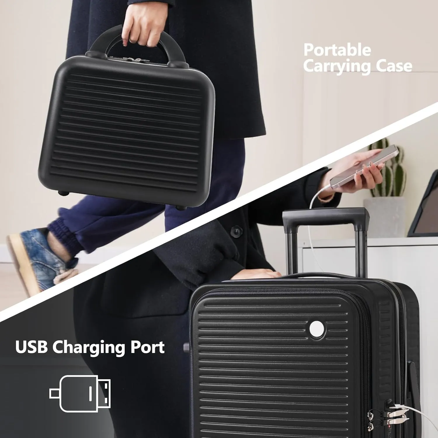 Carry-on Luggage, 20 Inch Front Open Suitcase, Lightweight with Front Pocket, USB Port,with 1 Portable Carrying Case (Black)