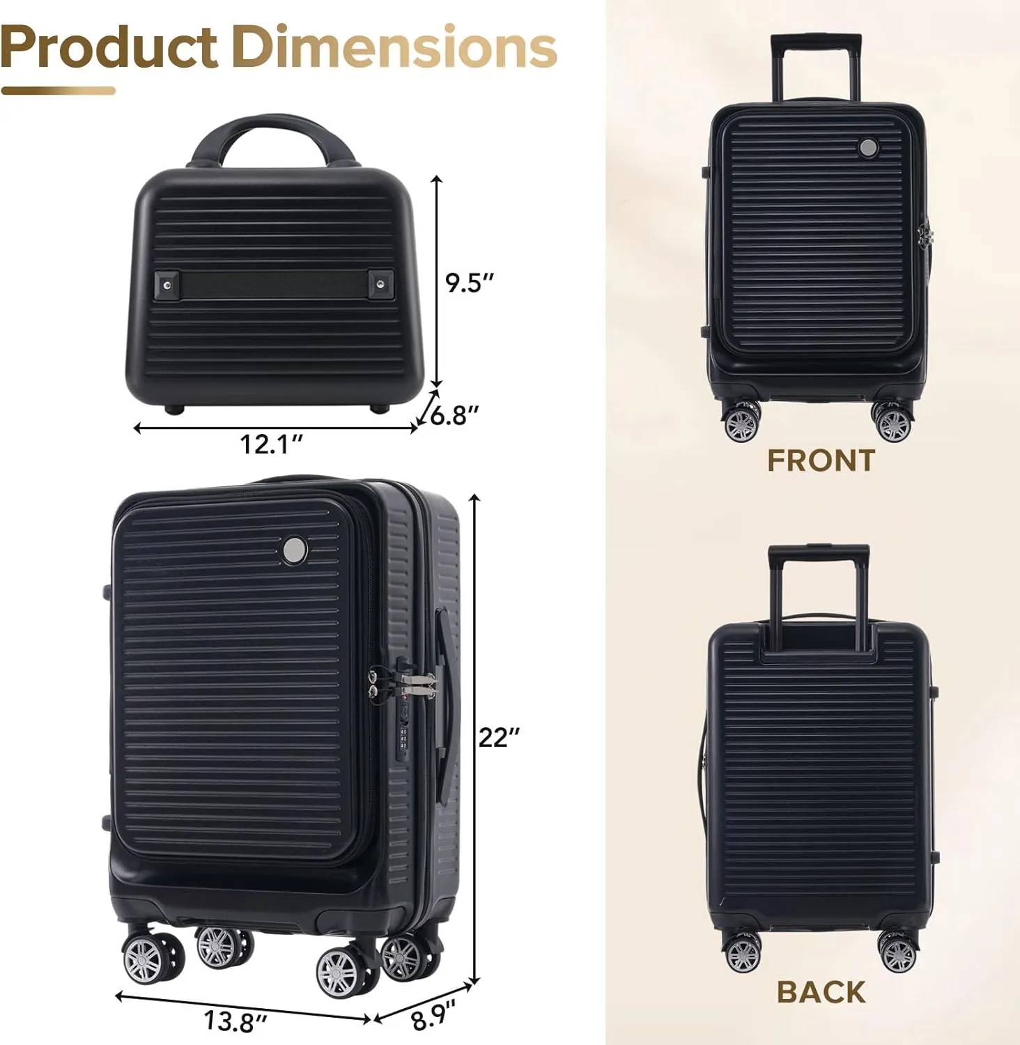 Carry-on Luggage, 20 Inch Front Open Suitcase, Lightweight with Front Pocket, USB Port,with 1 Portable Carrying Case (Black)
