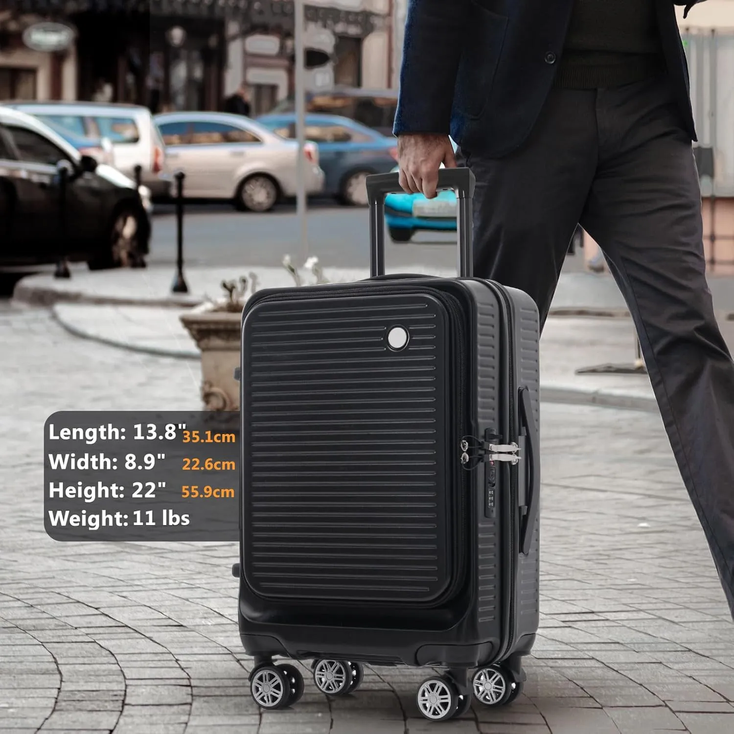 Carry-on Luggage, 20 Inch Front Open Suitcase, Lightweight with Front Pocket, USB Port,with 1 Portable Carrying Case (Black)
