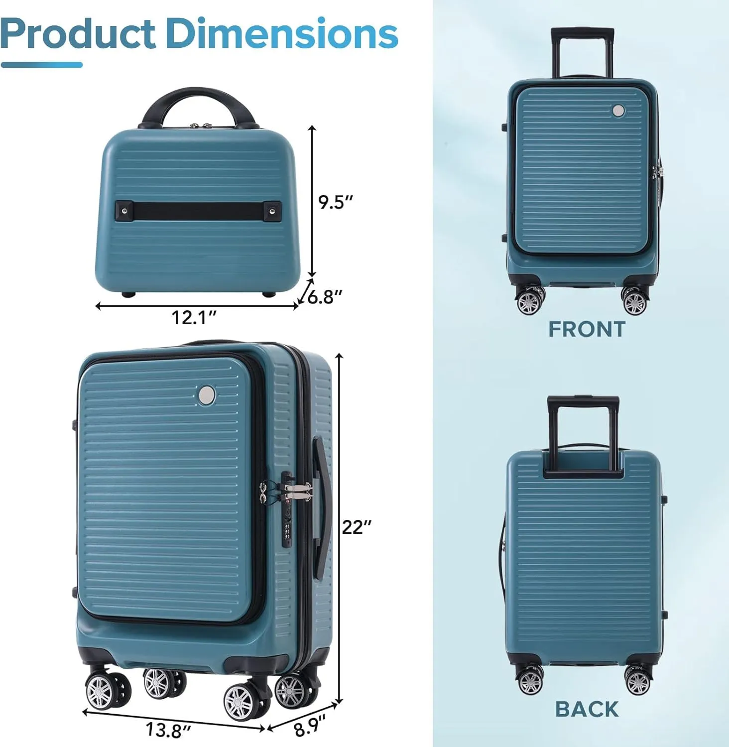 Carry-on Luggage, 20 Inch Front Open Suitcase, Lightweight with Front Pocket, USB Port,with 1 Portable Carrying Case (Blue)