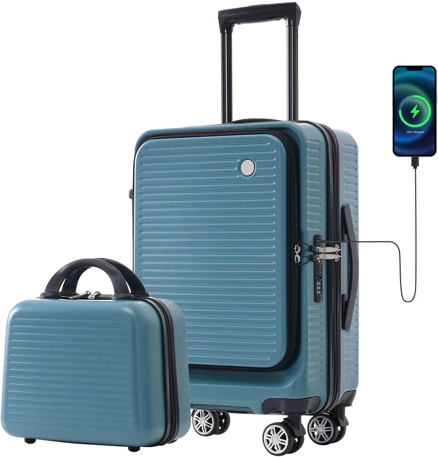 Carry-on Luggage, 20 Inch Front Open Suitcase, Lightweight with Front Pocket, USB Port,with 1 Portable Carrying Case (Blue)