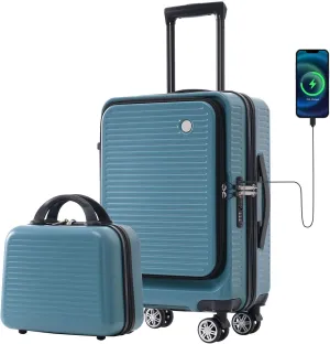 Carry-on Luggage, 20 Inch Front Open Suitcase, Lightweight with Front Pocket, USB Port,with 1 Portable Carrying Case (Blue)