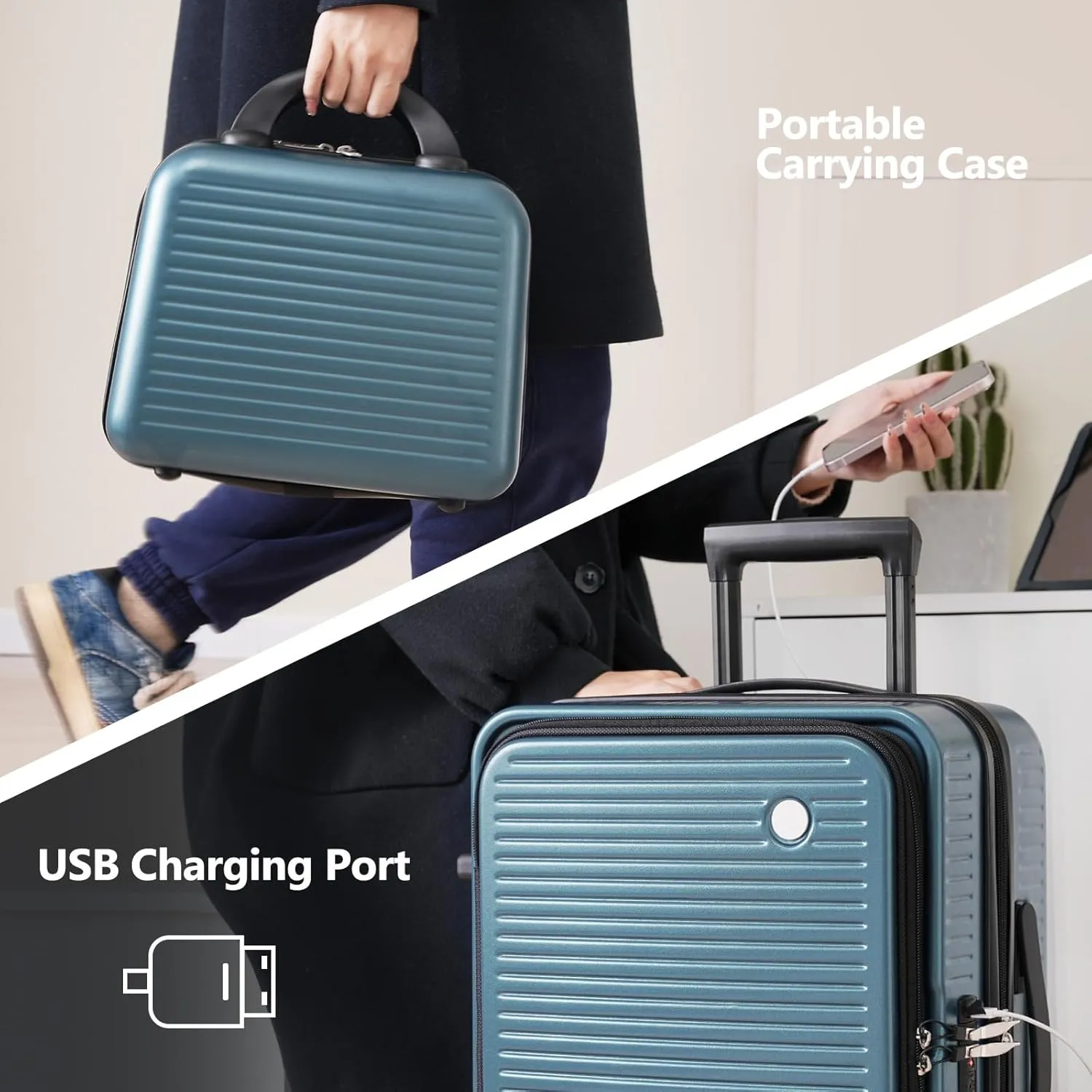 Carry-on Luggage, 20 Inch Front Open Suitcase, Lightweight with Front Pocket, USB Port,with 1 Portable Carrying Case (Blue)