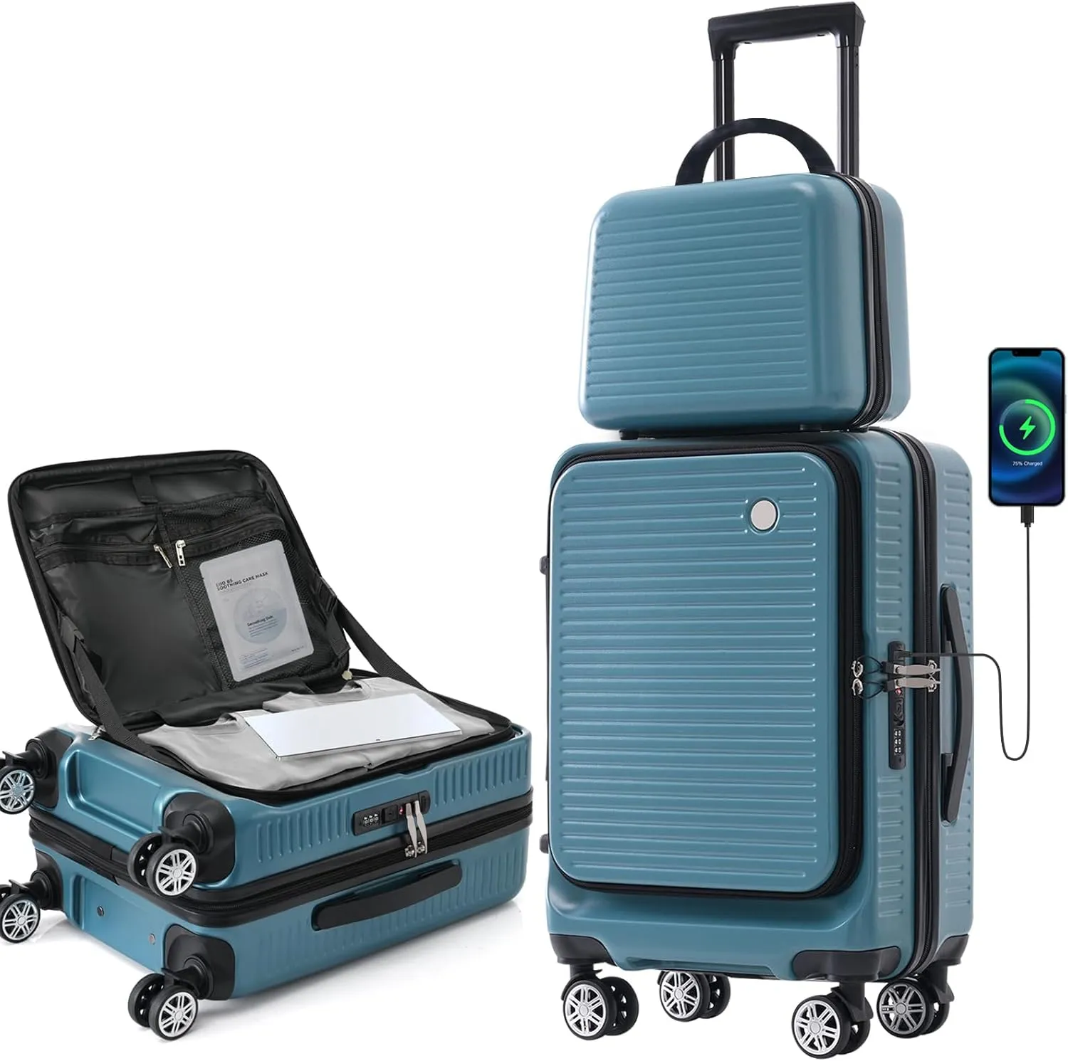 Carry-on Luggage, 20 Inch Front Open Suitcase, Lightweight with Front Pocket, USB Port,with 1 Portable Carrying Case (Blue)