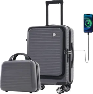 Carry-on Luggage, 20 Inch Front Open Suitcase, Lightweight with Front Pocket, USB Port,with 1 Portable Carrying Case (Gray)
