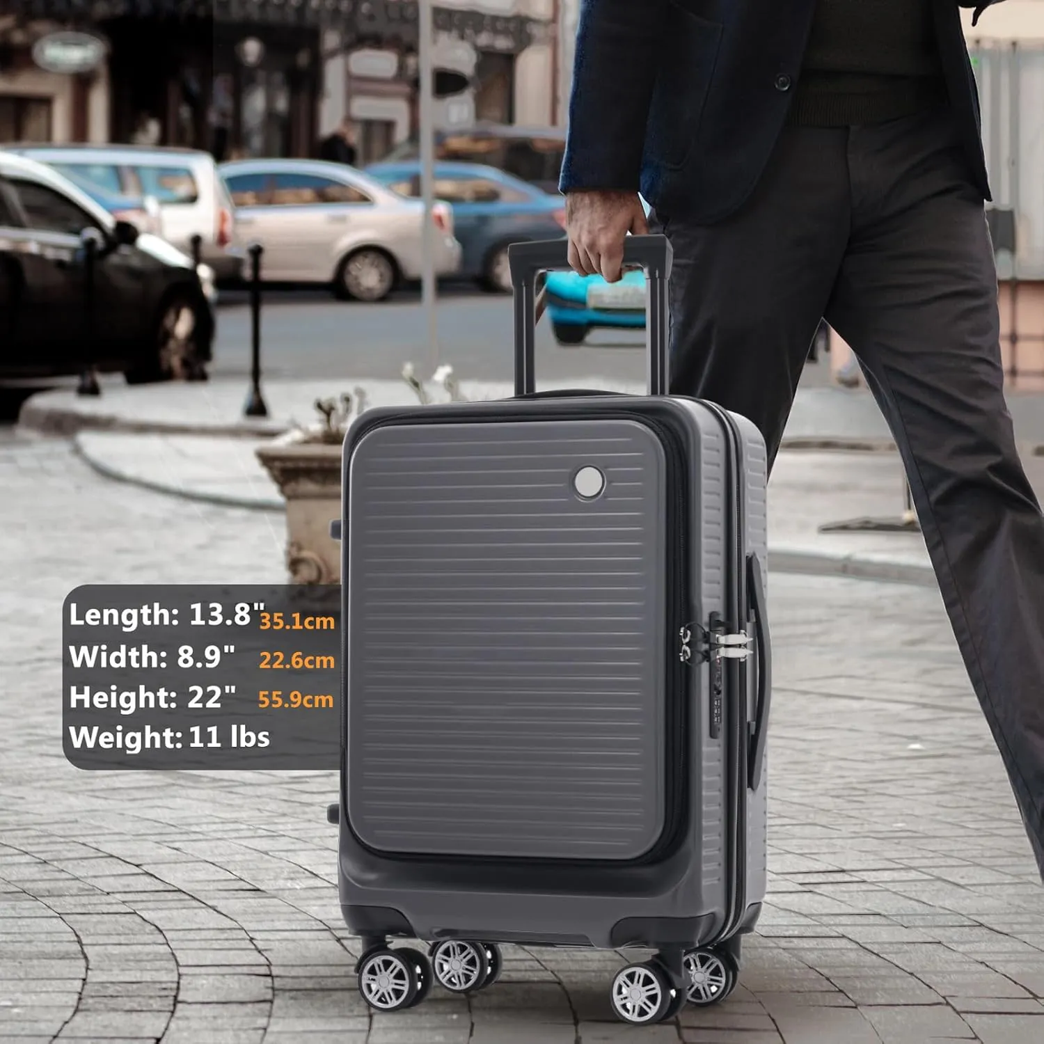 Carry-on Luggage, 20 Inch Front Open Suitcase, Lightweight with Front Pocket, USB Port,with 1 Portable Carrying Case (Gray)