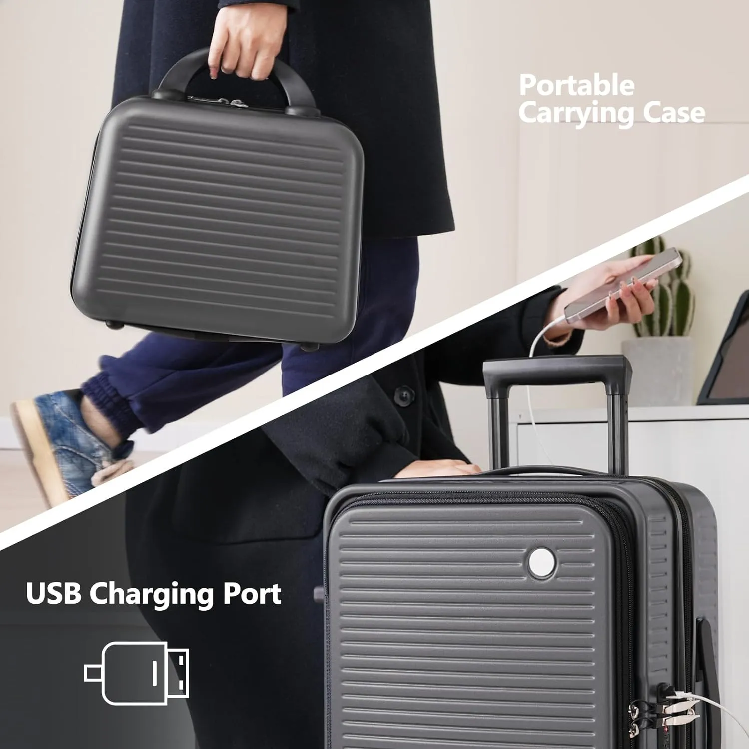 Carry-on Luggage, 20 Inch Front Open Suitcase, Lightweight with Front Pocket, USB Port,with 1 Portable Carrying Case (Gray)