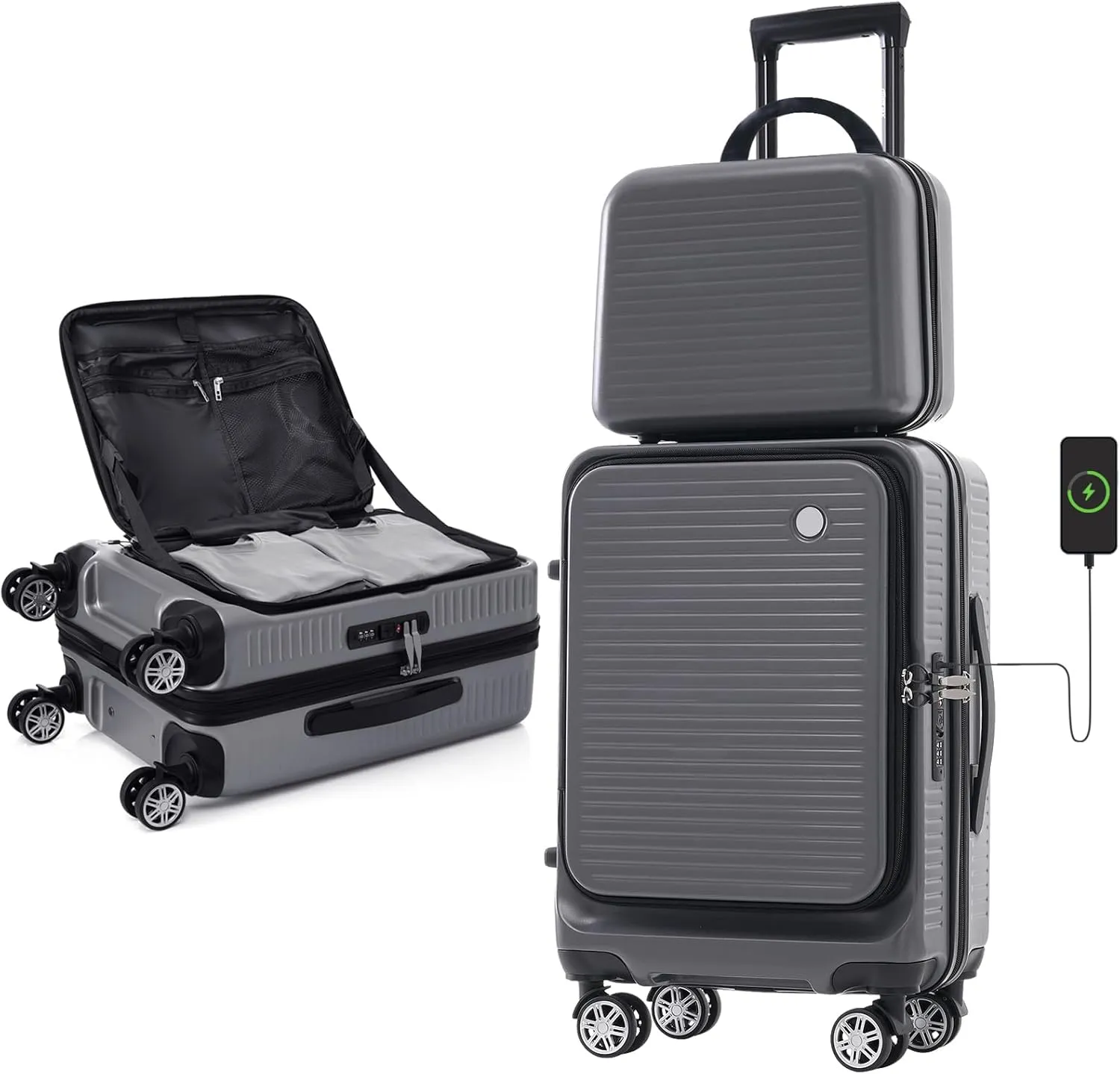 Carry-on Luggage, 20 Inch Front Open Suitcase, Lightweight with Front Pocket, USB Port,with 1 Portable Carrying Case (Gray)