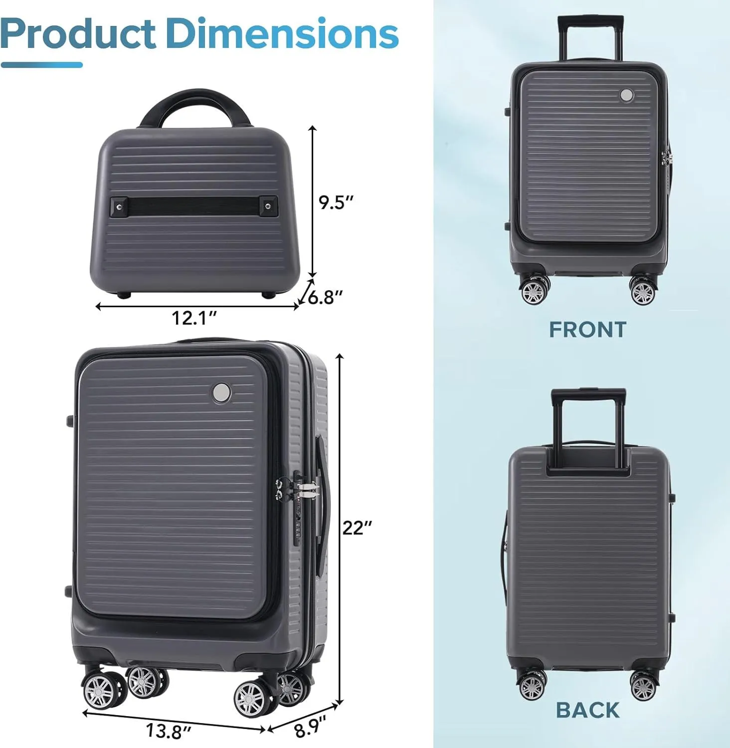 Carry-on Luggage, 20 Inch Front Open Suitcase, Lightweight with Front Pocket, USB Port,with 1 Portable Carrying Case (Gray)