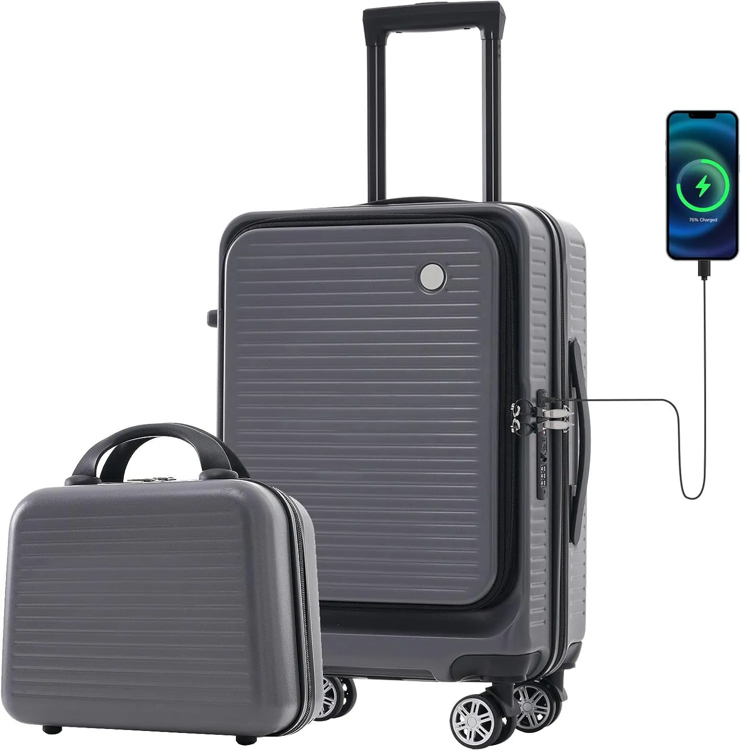 Carry-on Luggage, 20 Inch Front Open Suitcase, Lightweight with Front Pocket, USB Port,with 1 Portable Carrying Case (Gray)