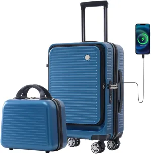Carry-on Luggage, 20 Inch Front Open Suitcase, Lightweight with Front Pocket, USB Port,with 1 Portable Carrying Case (Peacock Blue)