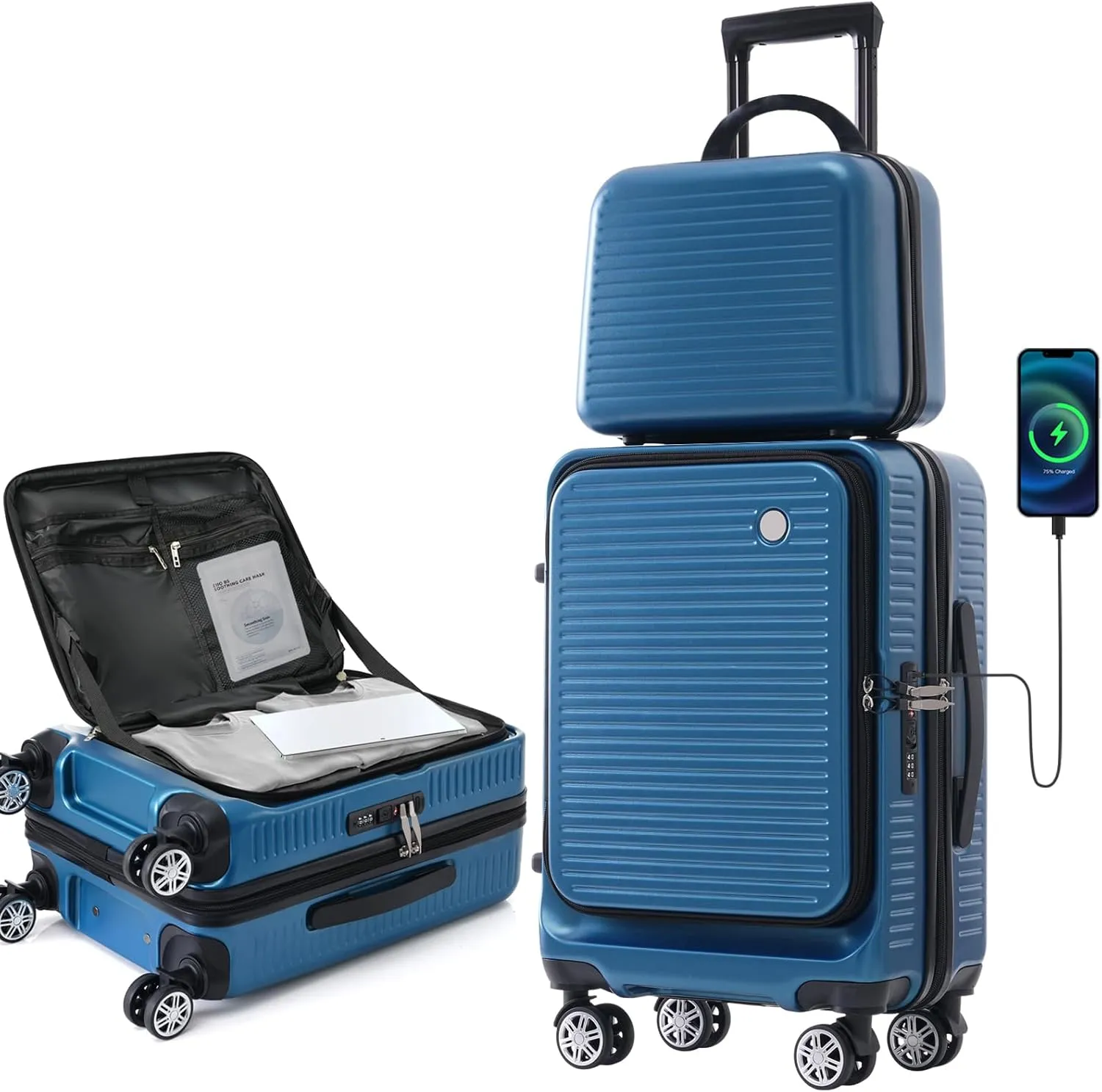 Carry-on Luggage, 20 Inch Front Open Suitcase, Lightweight with Front Pocket, USB Port,with 1 Portable Carrying Case (Peacock Blue)