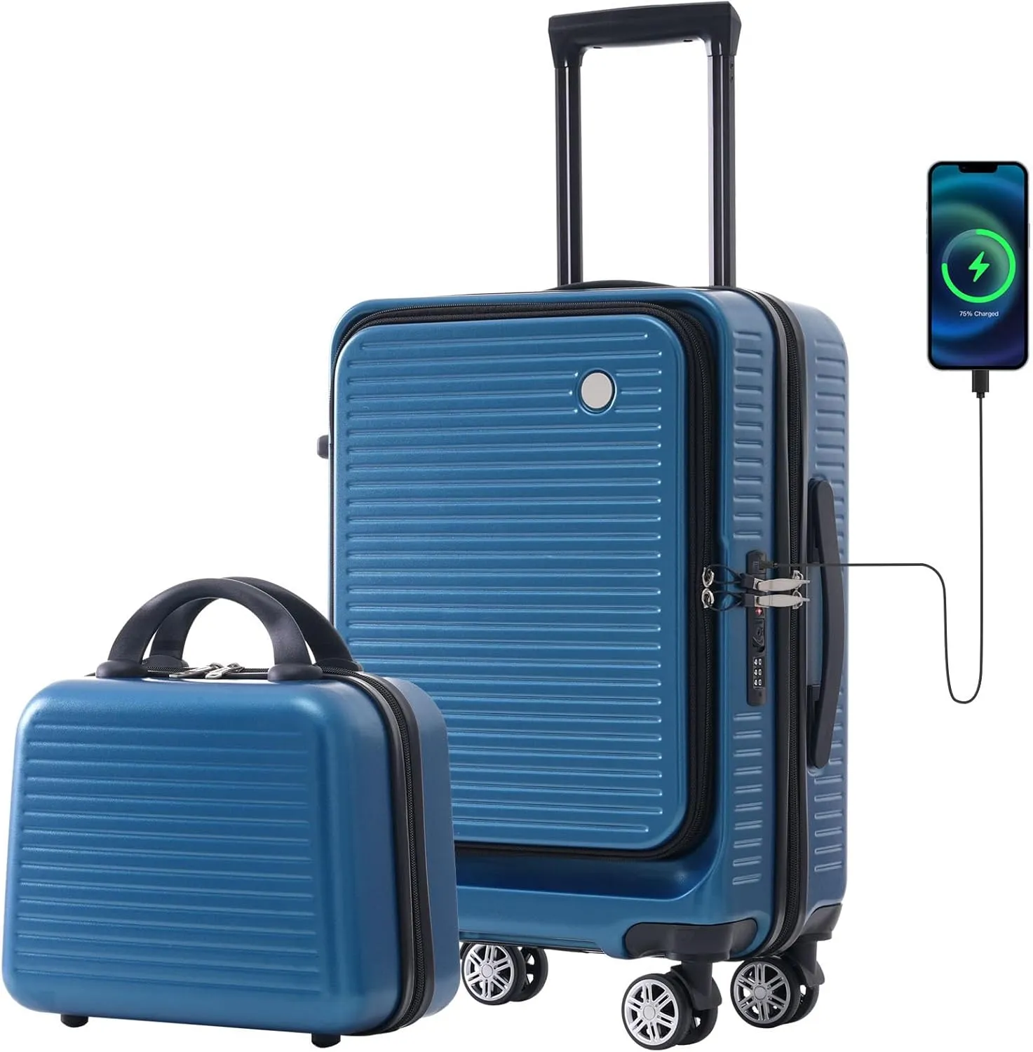 Carry-on Luggage, 20 Inch Front Open Suitcase, Lightweight with Front Pocket, USB Port,with 1 Portable Carrying Case (Peacock Blue)
