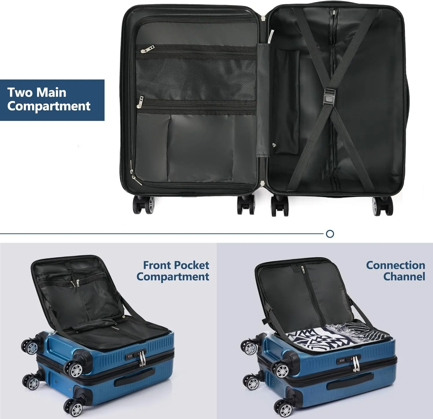 Carry-on Luggage, 20 Inch Front Open Suitcase, Lightweight with Front Pocket, USB Port,with 1 Portable Carrying Case (Peacock Blue)