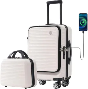 Carry-on Luggage, 20 Inch Front Open Suitcase, Lightweight with Front Pocket, USB Port,with 1 Portable Carrying Case (White)