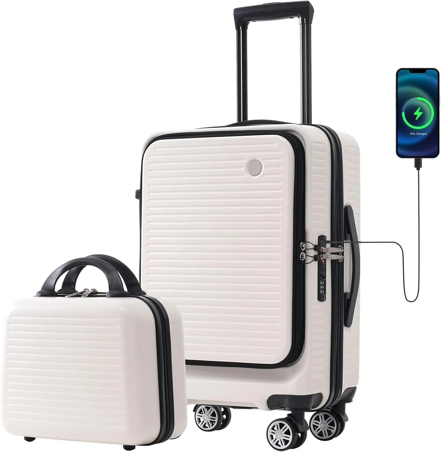 Carry-on Luggage, 20 Inch Front Open Suitcase, Lightweight with Front Pocket, USB Port,with 1 Portable Carrying Case (White)