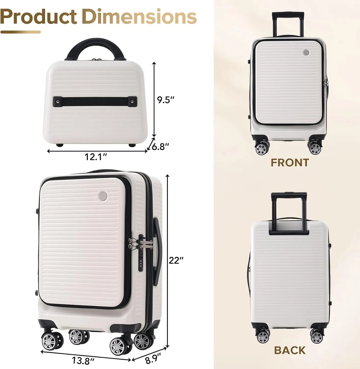 Carry-on Luggage, 20 Inch Front Open Suitcase, Lightweight with Front Pocket, USB Port,with 1 Portable Carrying Case (White)