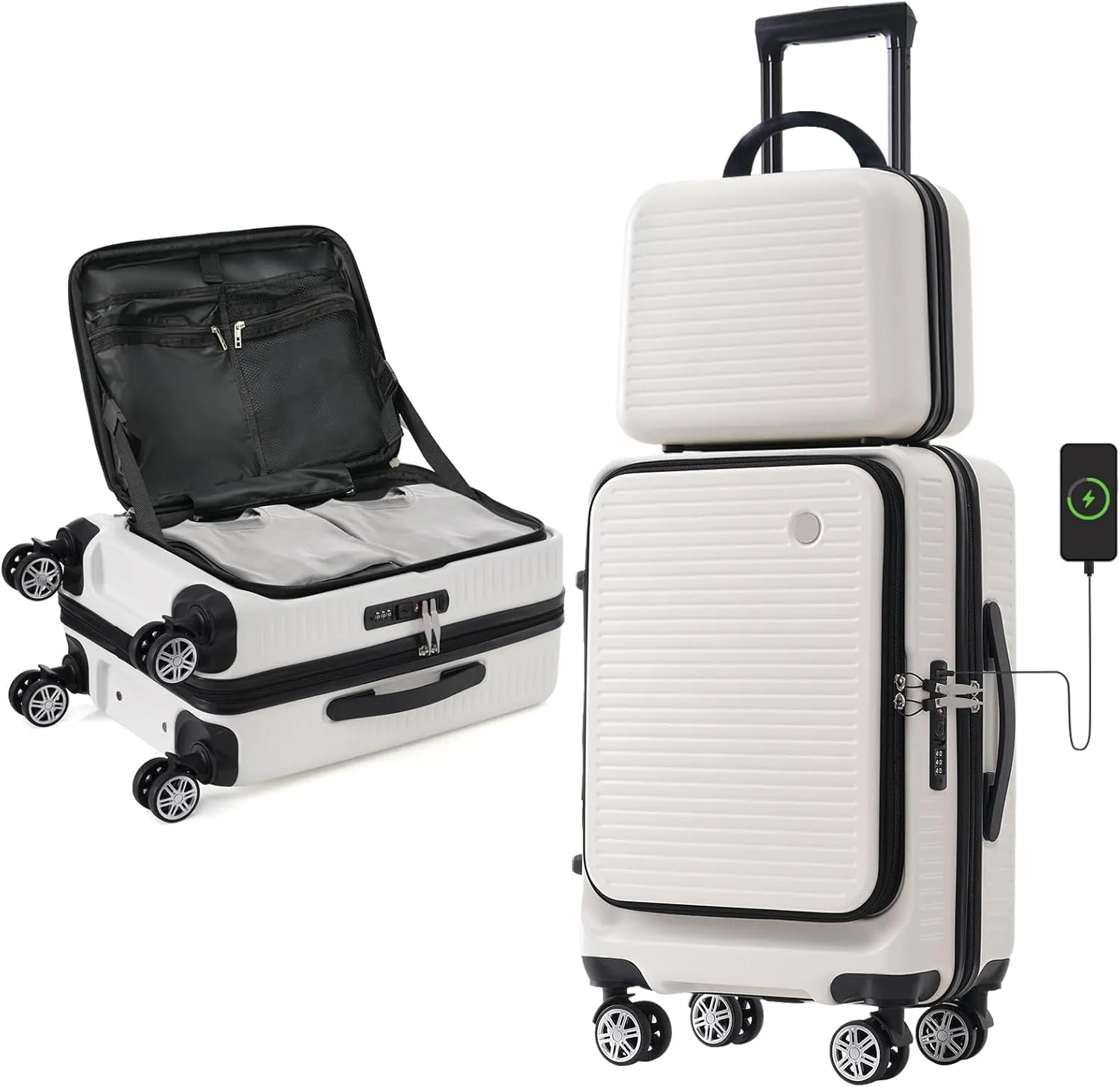 Carry-on Luggage, 20 Inch Front Open Suitcase, Lightweight with Front Pocket, USB Port,with 1 Portable Carrying Case (White)