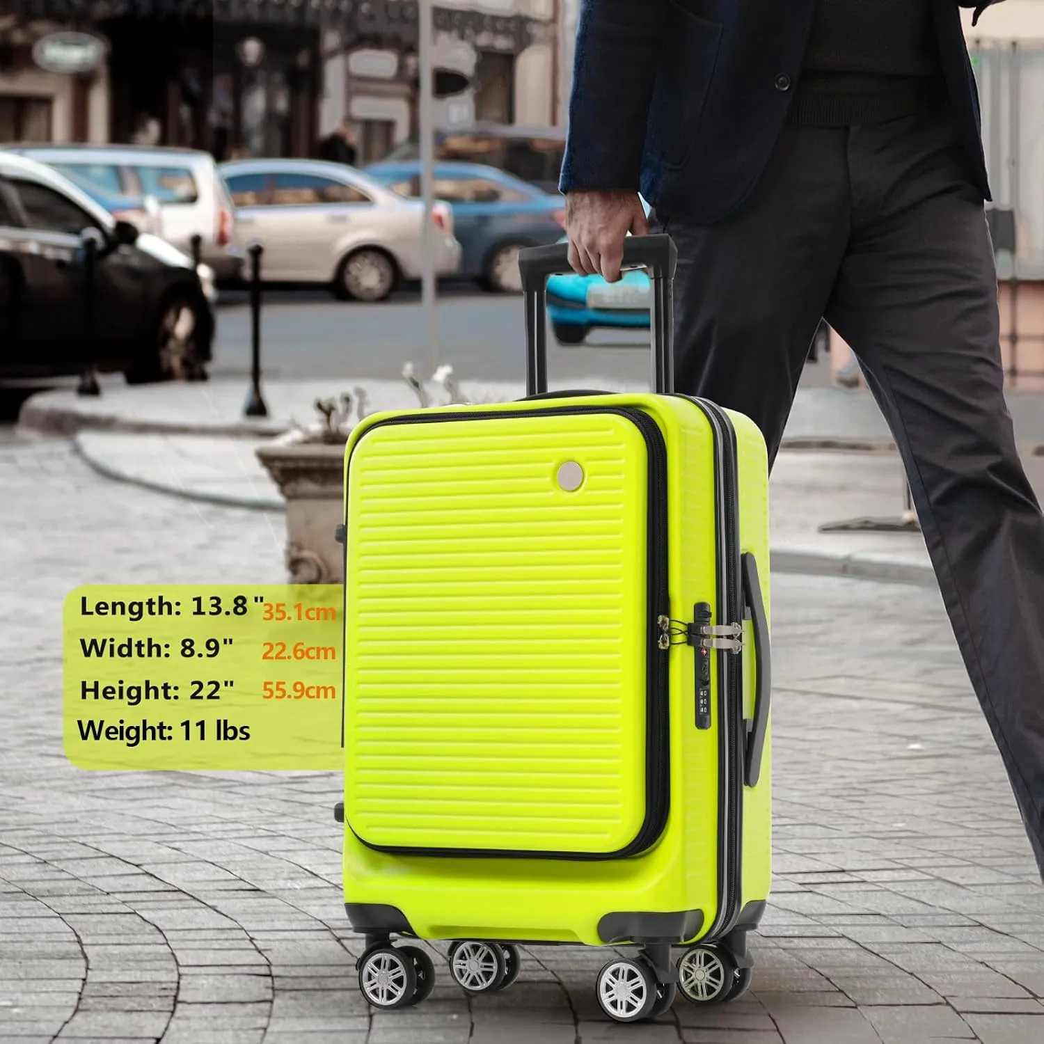 Carry-on Luggage, 20 Inch Front Open Suitcase, Lightweight with Front Pocket, USB Port,with 1 Portable Carrying Case (Yellow green)