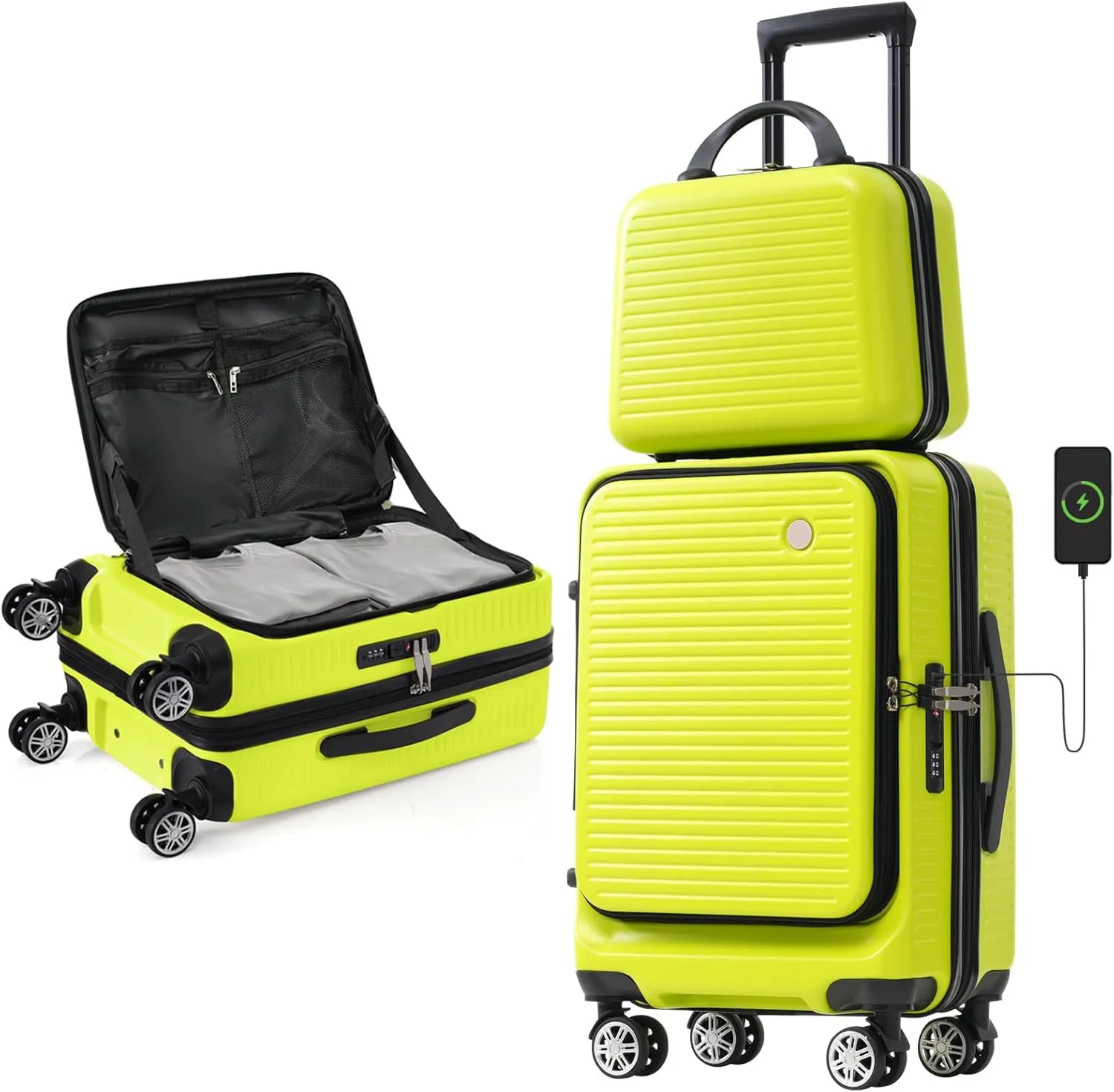 Carry-on Luggage, 20 Inch Front Open Suitcase, Lightweight with Front Pocket, USB Port,with 1 Portable Carrying Case (Yellow green)