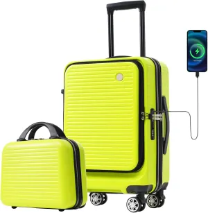 Carry-on Luggage, 20 Inch Front Open Suitcase, Lightweight with Front Pocket, USB Port,with 1 Portable Carrying Case (Yellow green)