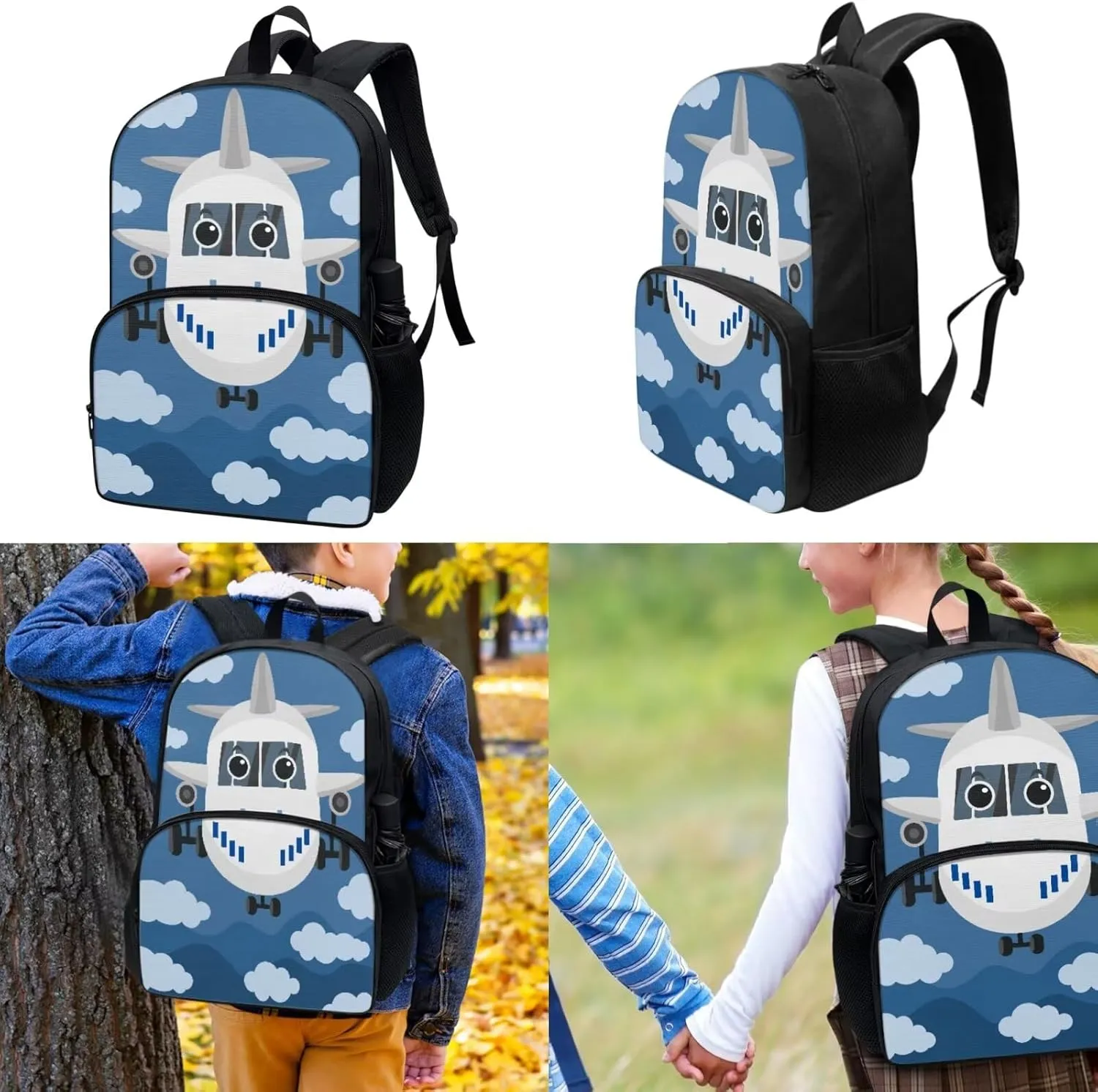 Cartoon Airplanes Preschool Backpack Boys with Lunch Box Kids Bookbag and Cute Pencil Case Lunch Box with Zipper Pockets Durable Pencil Pouch School Bag with Laptop Compartment