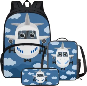 Cartoon Airplanes Preschool Backpack Boys with Lunch Box Kids Bookbag and Cute Pencil Case Lunch Box with Zipper Pockets Durable Pencil Pouch School Bag with Laptop Compartment