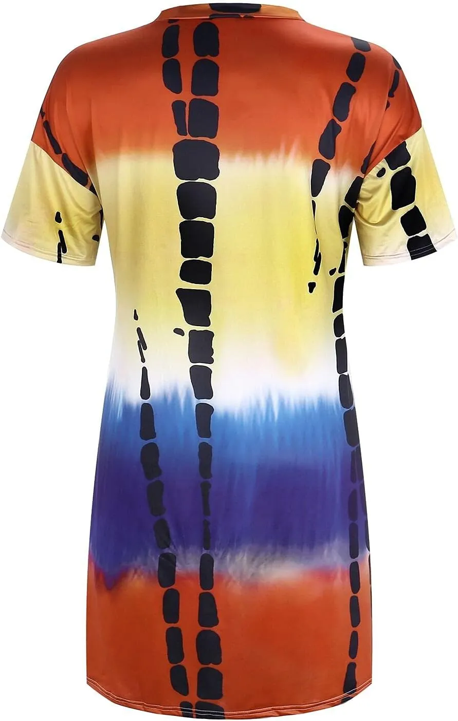 Casual Dresses for Women Plus Size Tie-dye V Neck T-Shirt Dress with Pockets Short Sleeve Midi Dress Summer Dresses
