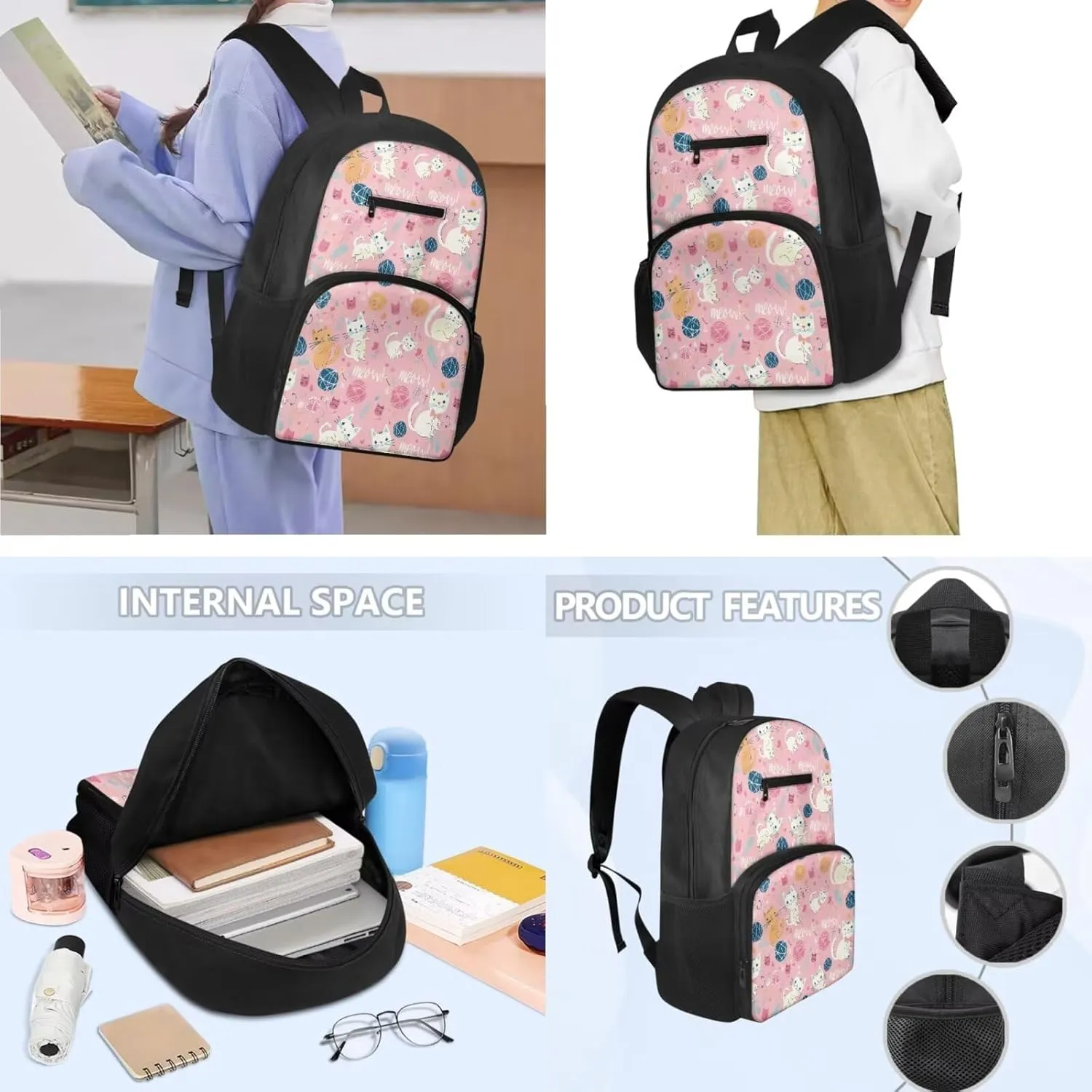 Cat Backpack and Lunch Box Set Elementary Pencil Case Girls Kawaii Backpack Set Large Bookbag and Pencil Case Pink Thermos Lunch Bag for School and Travel