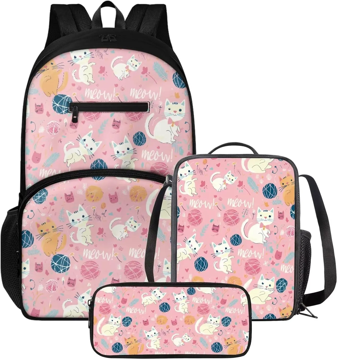 Cat Backpack and Lunch Box Set Elementary Pencil Case Girls Kawaii Backpack Set Large Bookbag and Pencil Case Pink Thermos Lunch Bag for School and Travel