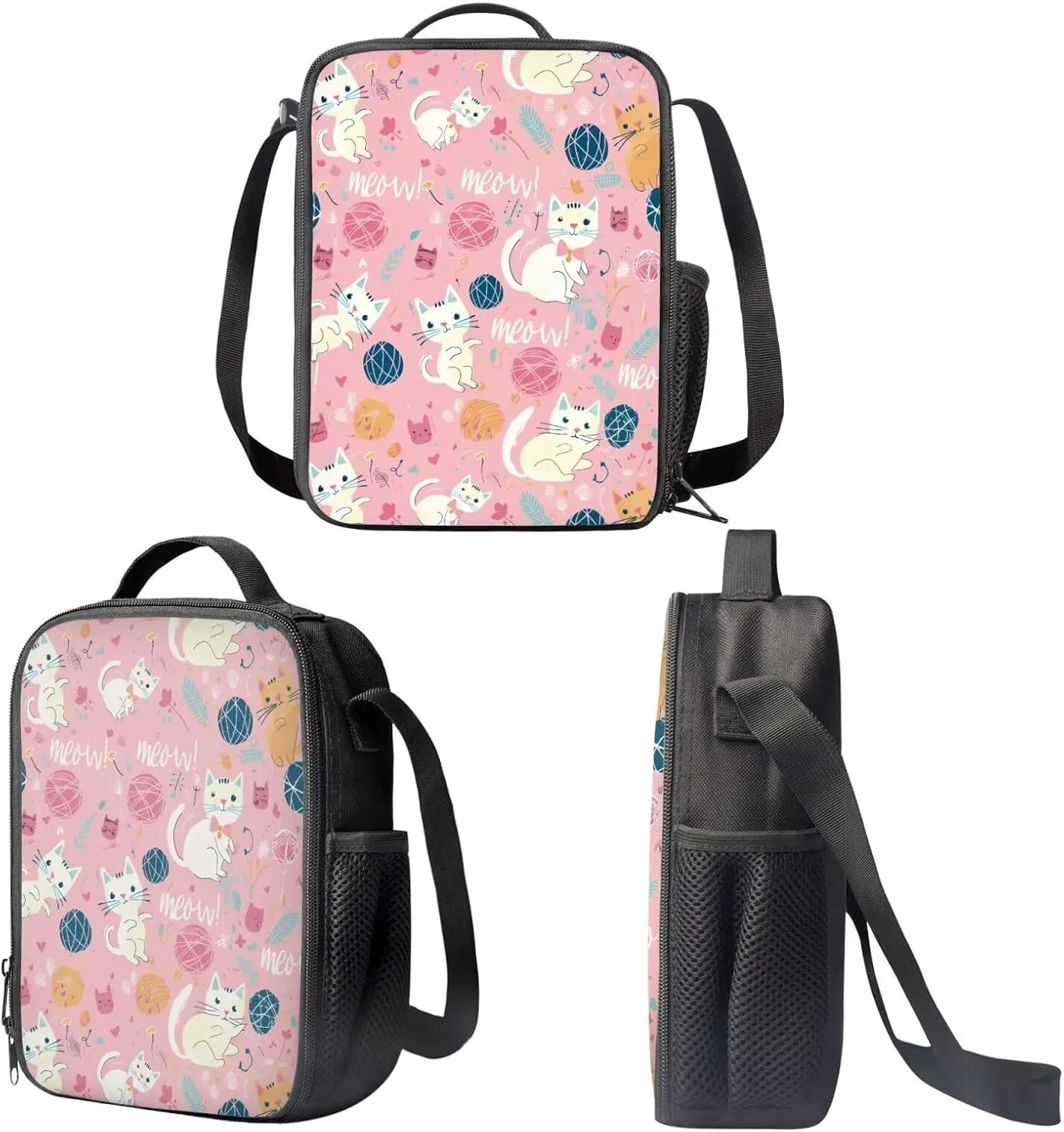 Cat Backpack and Lunch Box Set Elementary Pencil Case Girls Kawaii Backpack Set Large Bookbag and Pencil Case Pink Thermos Lunch Bag for School and Travel