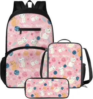 Cat Backpack and Lunch Box Set Elementary Pencil Case Girls Kawaii Backpack Set Large Bookbag and Pencil Case Pink Thermos Lunch Bag for School and Travel
