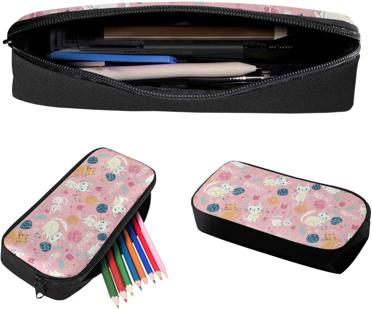 Cat Backpack and Lunch Box Set Elementary Pencil Case Girls Kawaii Backpack Set Large Bookbag and Pencil Case Pink Thermos Lunch Bag for School and Travel