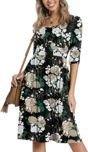 CATHY Women's 3/4 Sleeve 2025 Casual High Waist Round Neck Midi Dress with Pockets