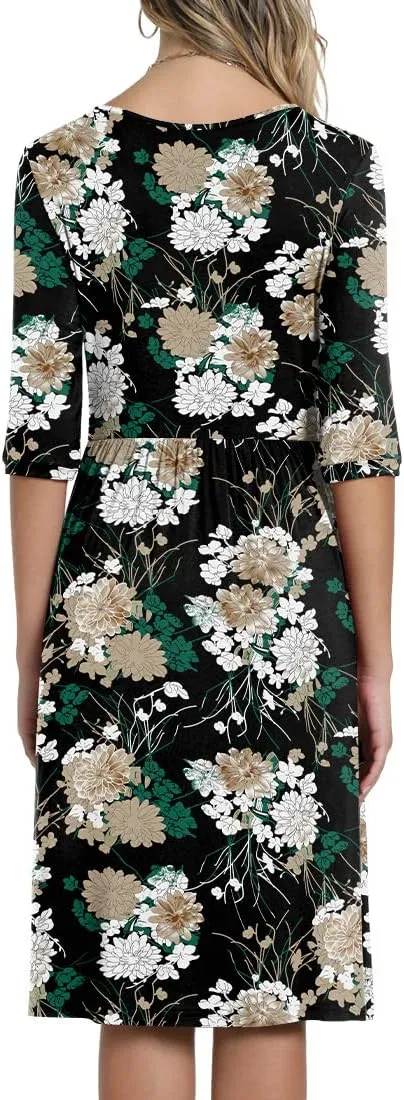 CATHY Women's 3/4 Sleeve 2025 Casual High Waist Round Neck Midi Dress with Pockets